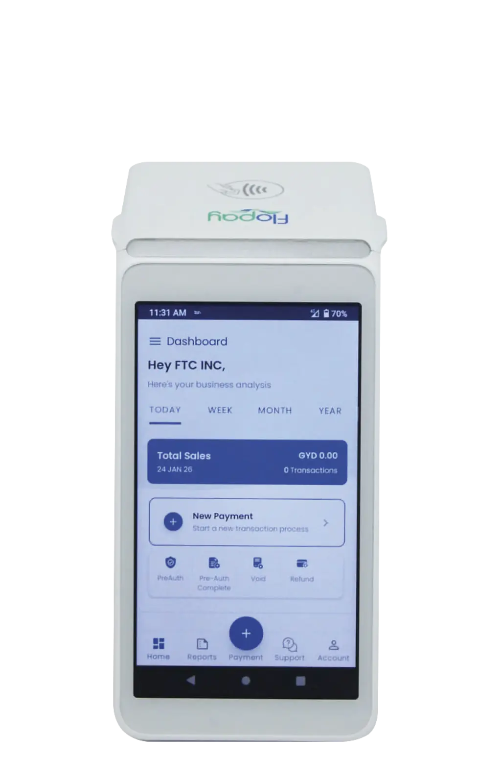 FloPay wireless POS terminal showing the merchant dashboard